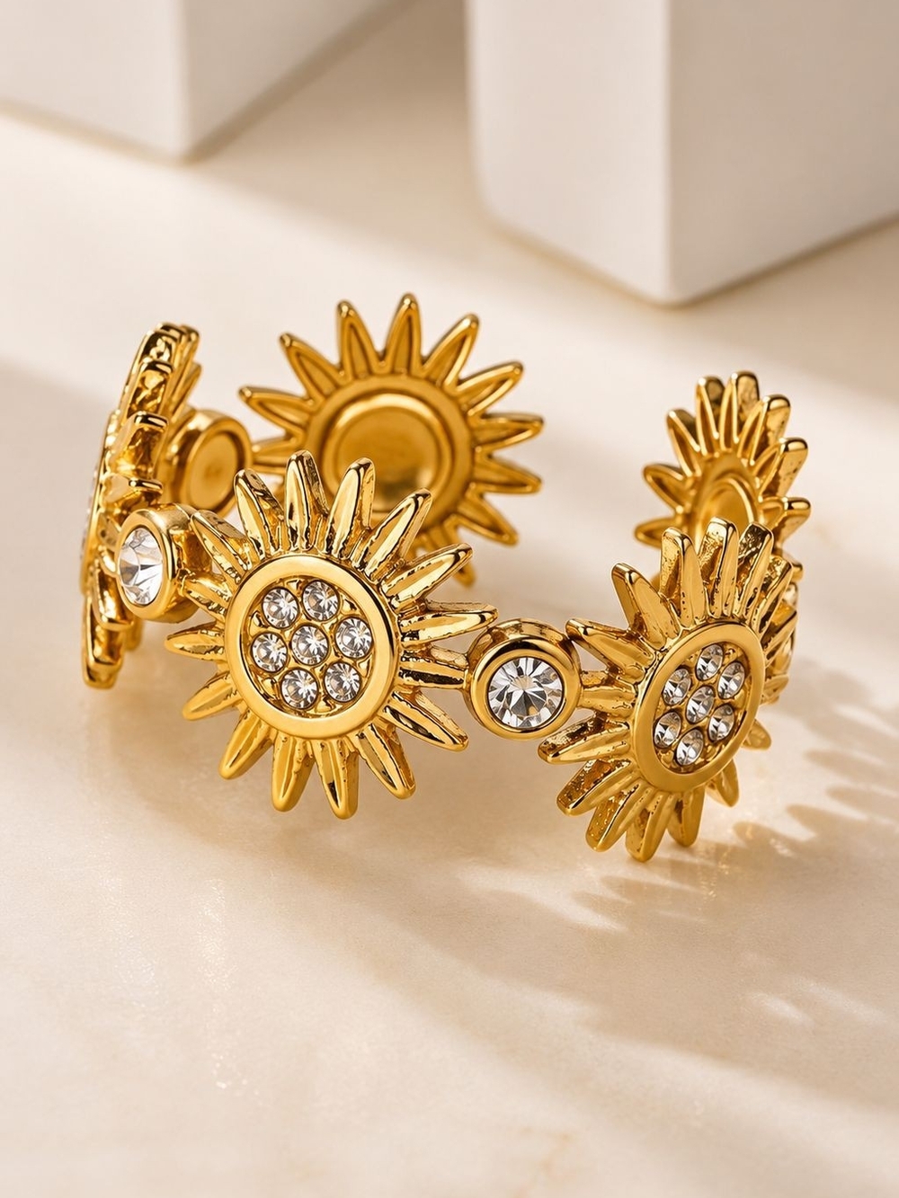 Gold Sunflower Crystal Stretch Ring- Women Jewelry